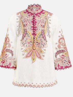 Zimmermann Ivory Paisley Tunic with Pink and Yellow Embroidery SZ 1